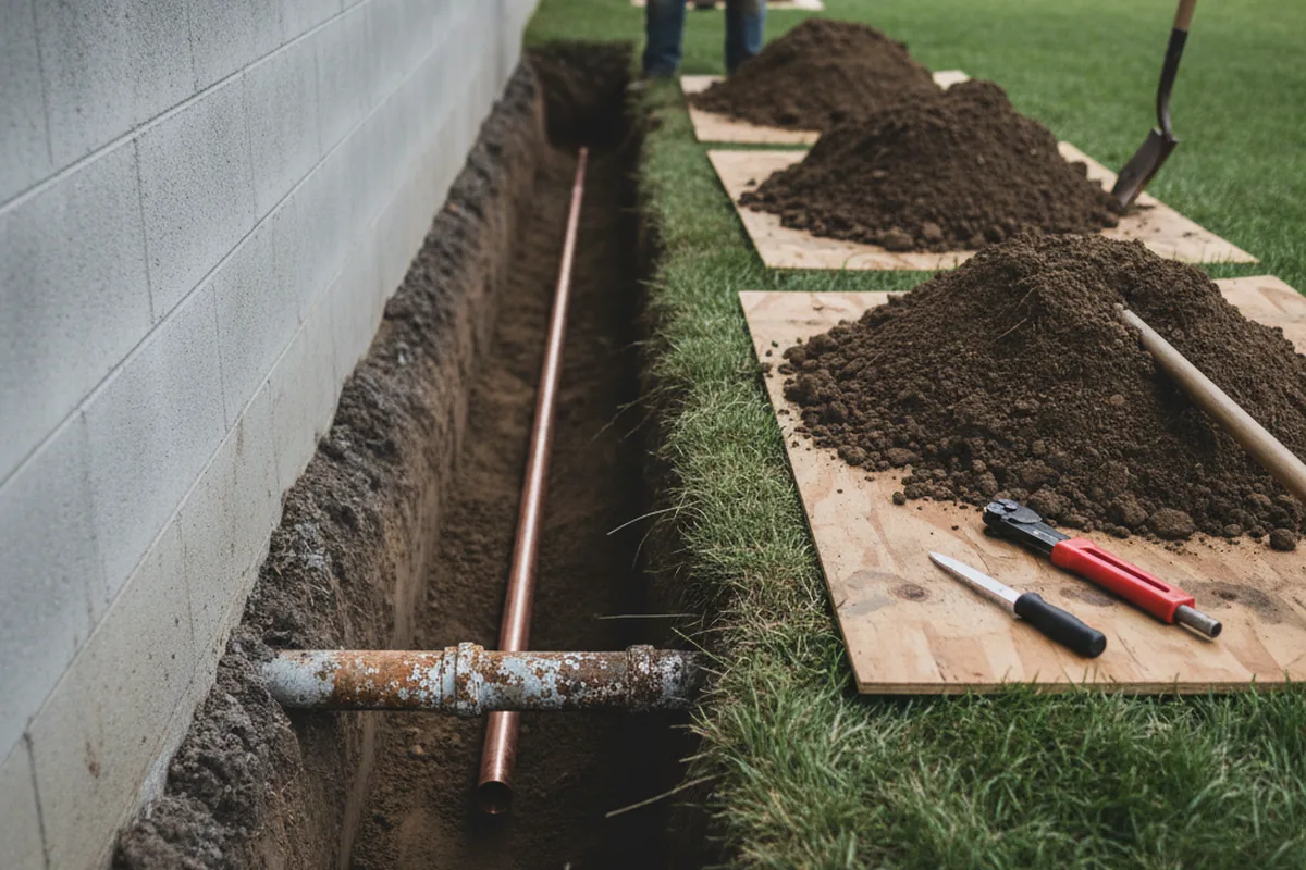 Excavated water line trench during Water Heater Repair in Nassawadox
